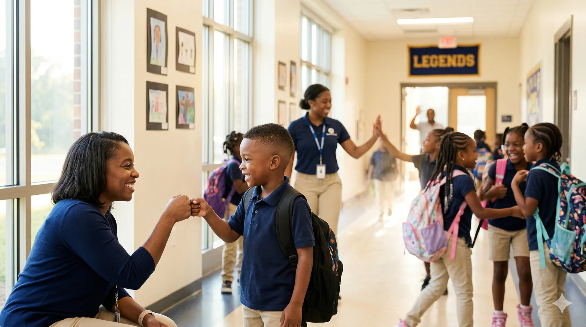 A Legends teacher greeting a young scholar with a fist bump during morning arrival in a bright school hallway