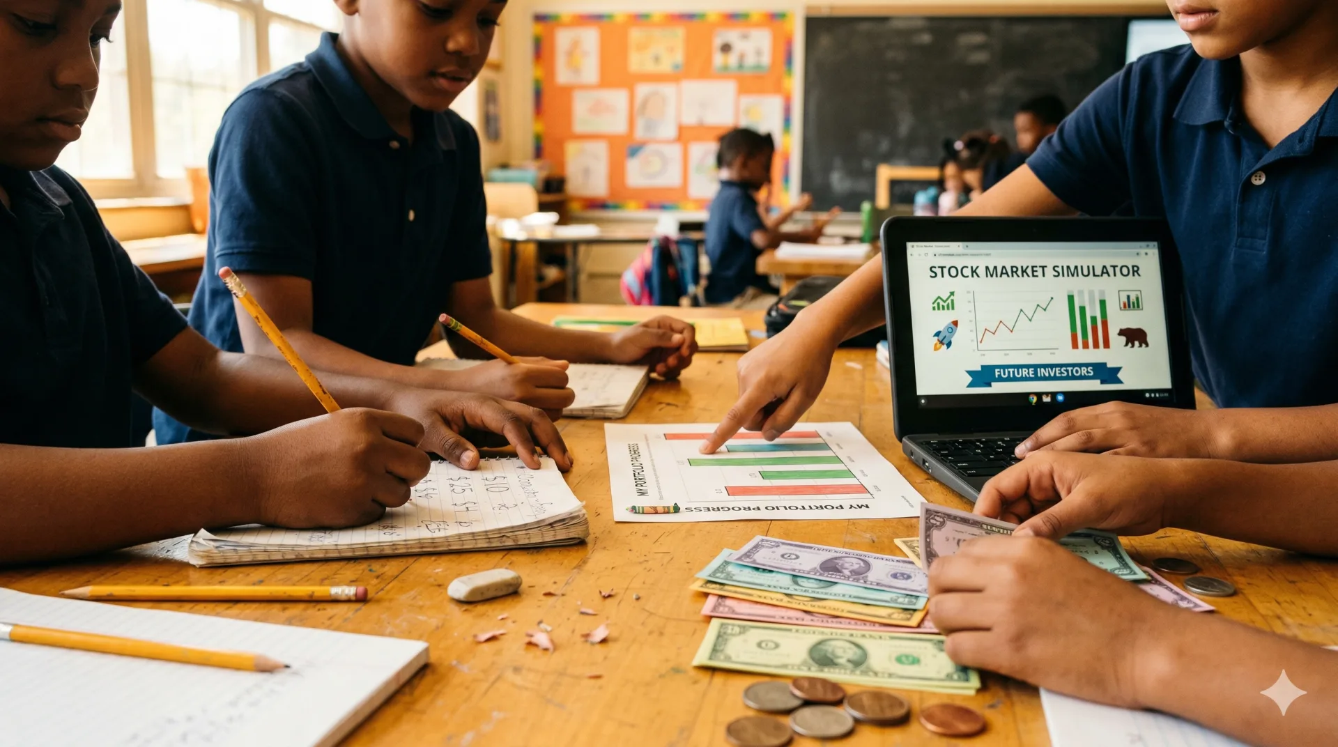 Children's hands working with financial worksheets, play money, and a stock chart on a tablet during a Financial Education lesson
