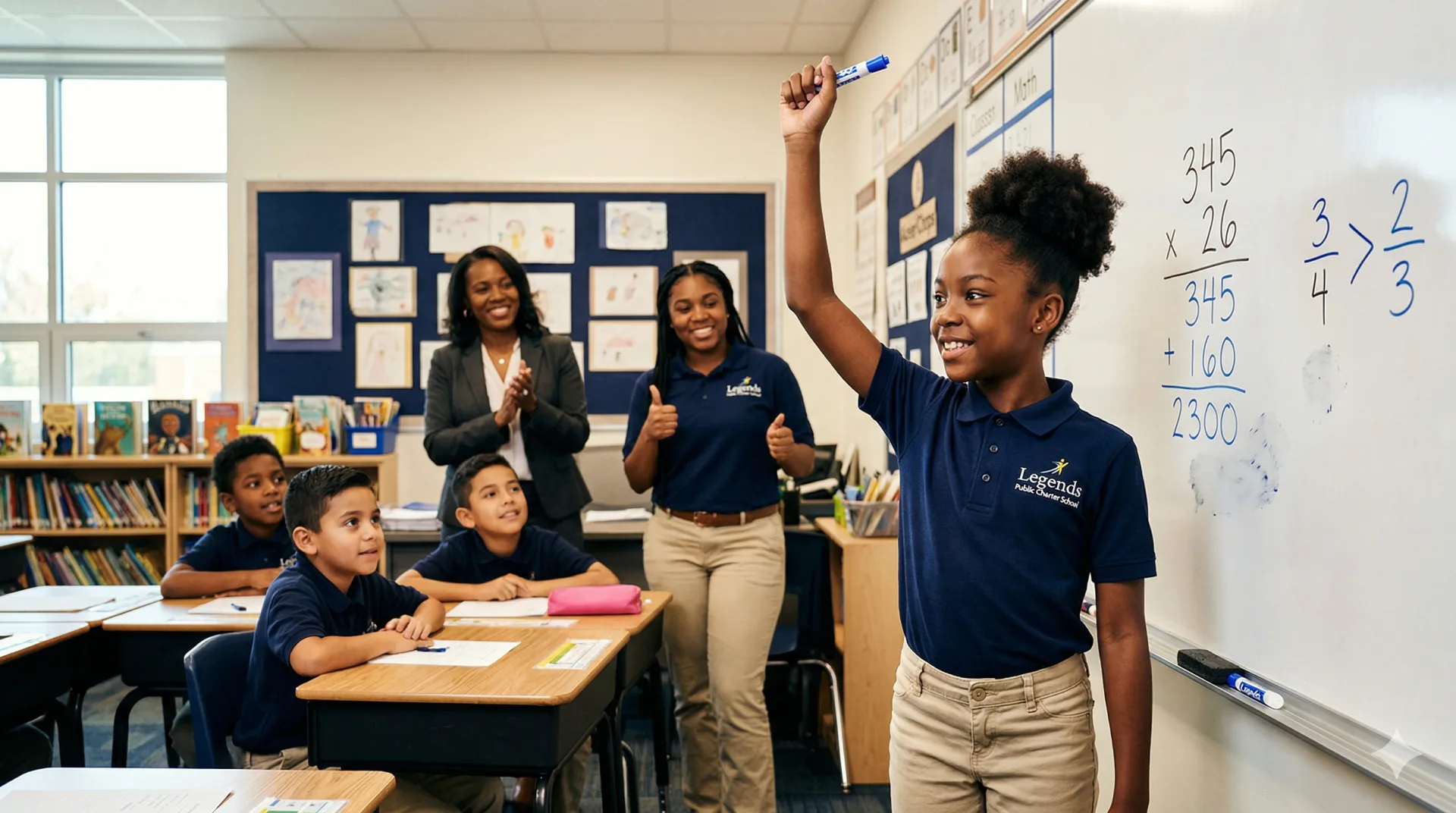A young scholar turning from the whiteboard with a proud smile after solving a math problem while teachers and classmates celebrate