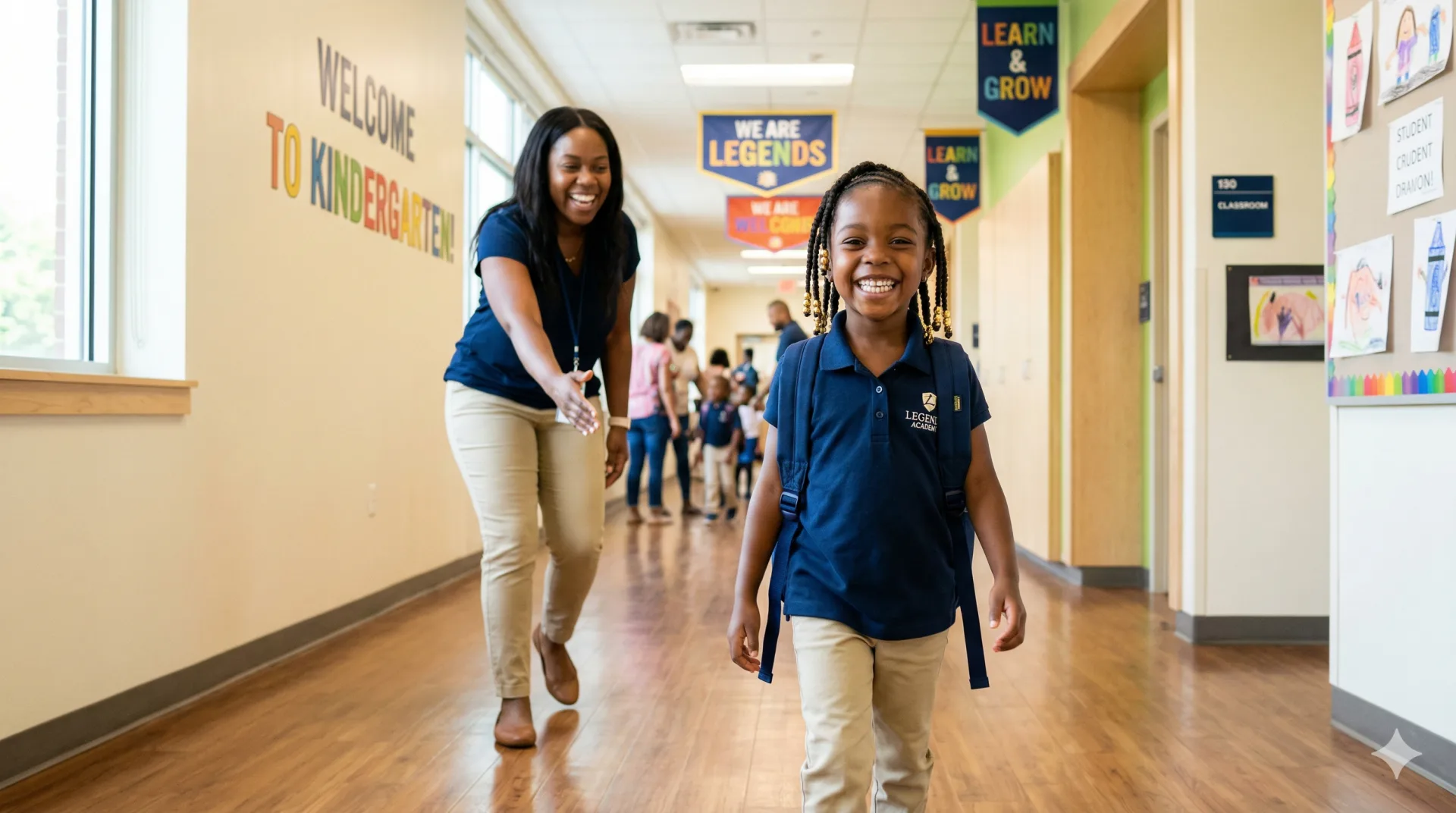 A joyful kindergarten scholar walking through a bright school hallway on her first day, smiling with excitement