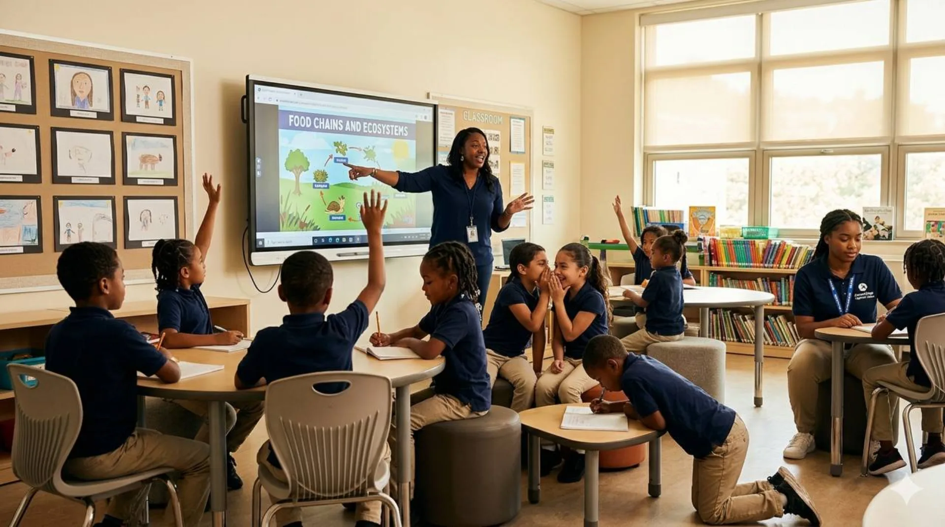 A modern Legends classroom with two educators and engaged scholars in flexible seating