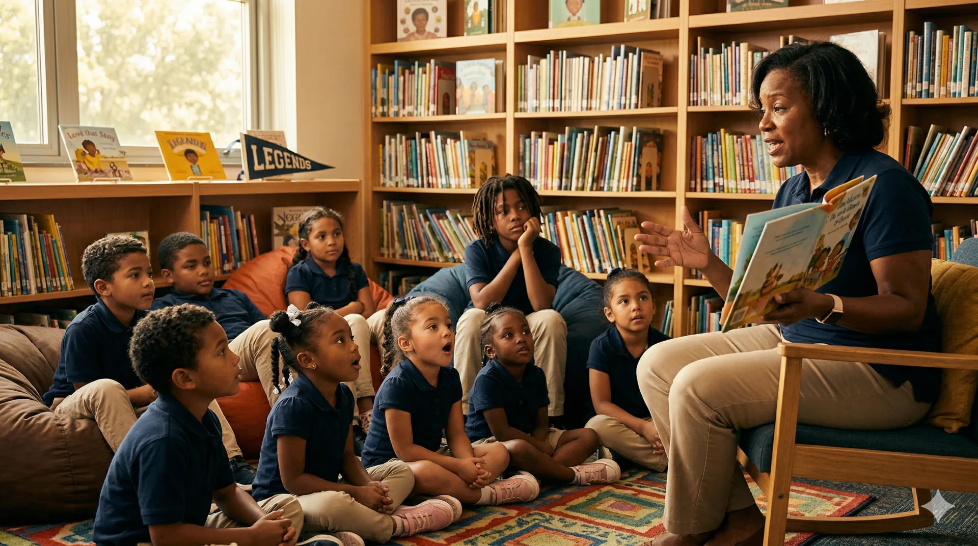 A Legends educator reading aloud to a mixed-age group of scholars in the school library, with children listening in wonder