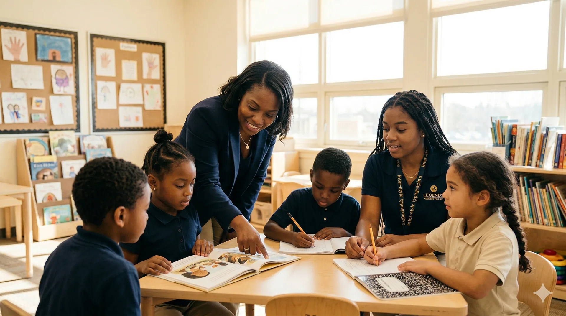 A Legends teacher and AmeriCorps Fellow working with scholars around a reading table in a bright classroom